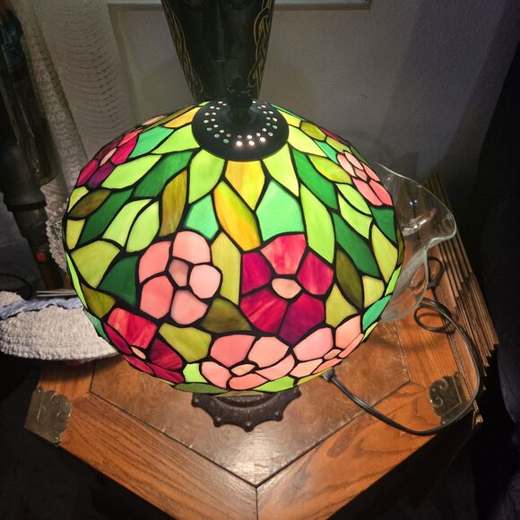 Tiffany Style Table Lamp Stained Slag Glass Hummingbird Floral Shade 19" Tall - Picture 2 of 3